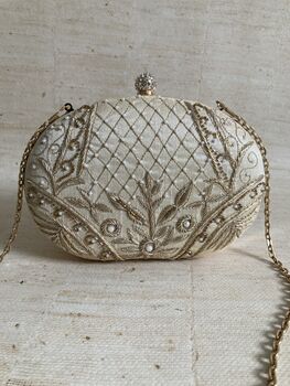 Gold Oval Embroidered Handcrafted Clutch Bag, 3 of 10