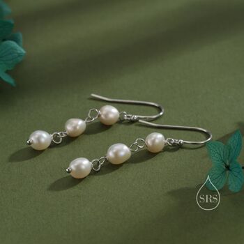 Sterling Silver Irregular Shape Pearl Trio Drop Hook Earrings, 4 of 11
