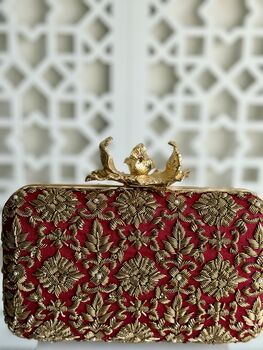 Delhi Flower Clasp Dark Red Silk Clutch | Bridal Evening Bag, 4 of 6