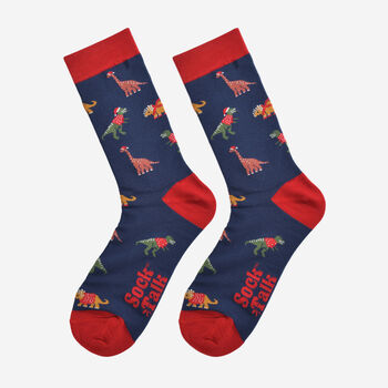 Festive Dinosaurs Bamboo Socks Men's Christmas Cracker Hanging Tree Decoration, 4 of 5