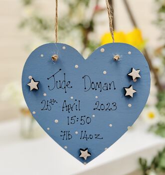 Personalised New Baby Boy Wooden Blue Heart, 2 of 5