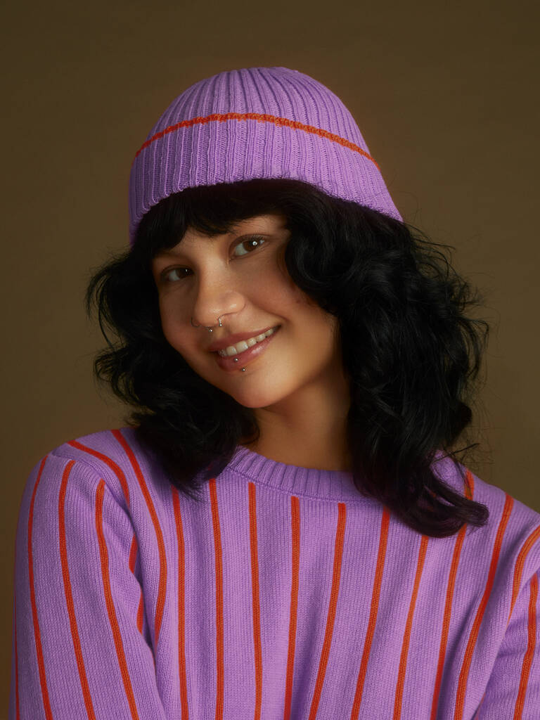 Ribbed Wool And Cashmere Beanie Lilac And Orange