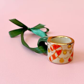 Hand Painted Mini Ceramic Mug Christmas Ornament With Candy Cane, 2 of 3
