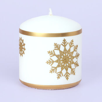 G Decor Snow White Pillar Candle With Gold Snowflakes, 4 of 7