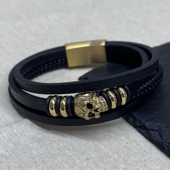 Personalised Men's Stacked Leather Skull Bracelet, 2 of 12