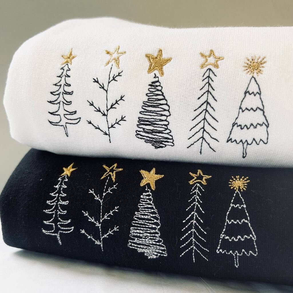 Five Embroidered Doodle Christmas Trees Jumper, 1 of 4