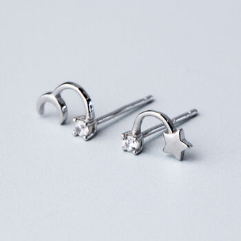 Sterling Silver Asymmetrical Moon And Star Stud Earrings, 4 of 7