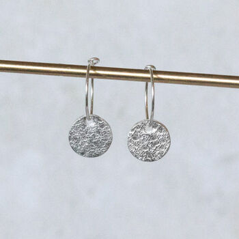Sterling Silver Textured Circle Charm Hoops, 4 of 10