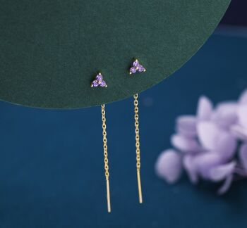 Sterling Silver Purple Cz Trio Flower Threader Earrings, 2 of 11