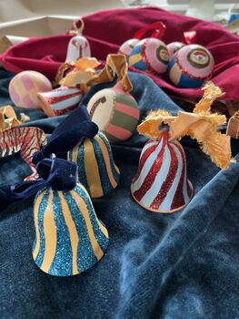 Stripped Hand Painted Ceramic Bell Bauble In Golden Yellow With Sparkly Turquoise Detail, 9 of 10