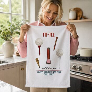Personalised Fif Tee Tea Towel 50th Birthday Gift For Golfers, 5 of 8