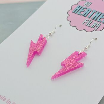 Neon Pink Glitter Lightning Bolt Earrings Small And Large, 7 of 10