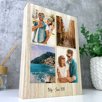Personalised Freestanding Four Photo Grid Giant Wooden Block 21cm X 15cm Portrait, 2 of 5