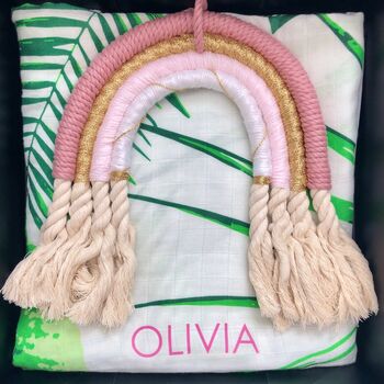 Rainbow And Personalised Muslin Blanket Baby Gift Set, 7 of 8