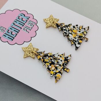Black And Gold Glitter Christmas Tree Resin Earrings, 3 of 4
