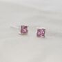 Sterling Silver Princess Cut Birthstone Earrings October Pink Tourmaline, thumbnail 1 of 5