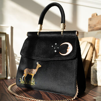 Deer And Moon Embroidered Black Velvet Tote, 2 of 8