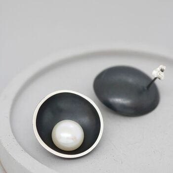 Sterling Silver Pearl Stud Earrings. Silver And Black, 8 of 12