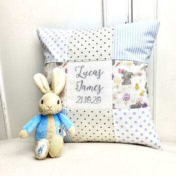 Personalised Blue And Grey Bunny Name Cushion, 5 of 10