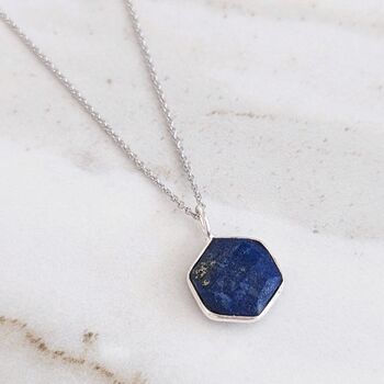 The Hexagon Lapis Lazuli Silver Gemstone Necklace, 3 of 5