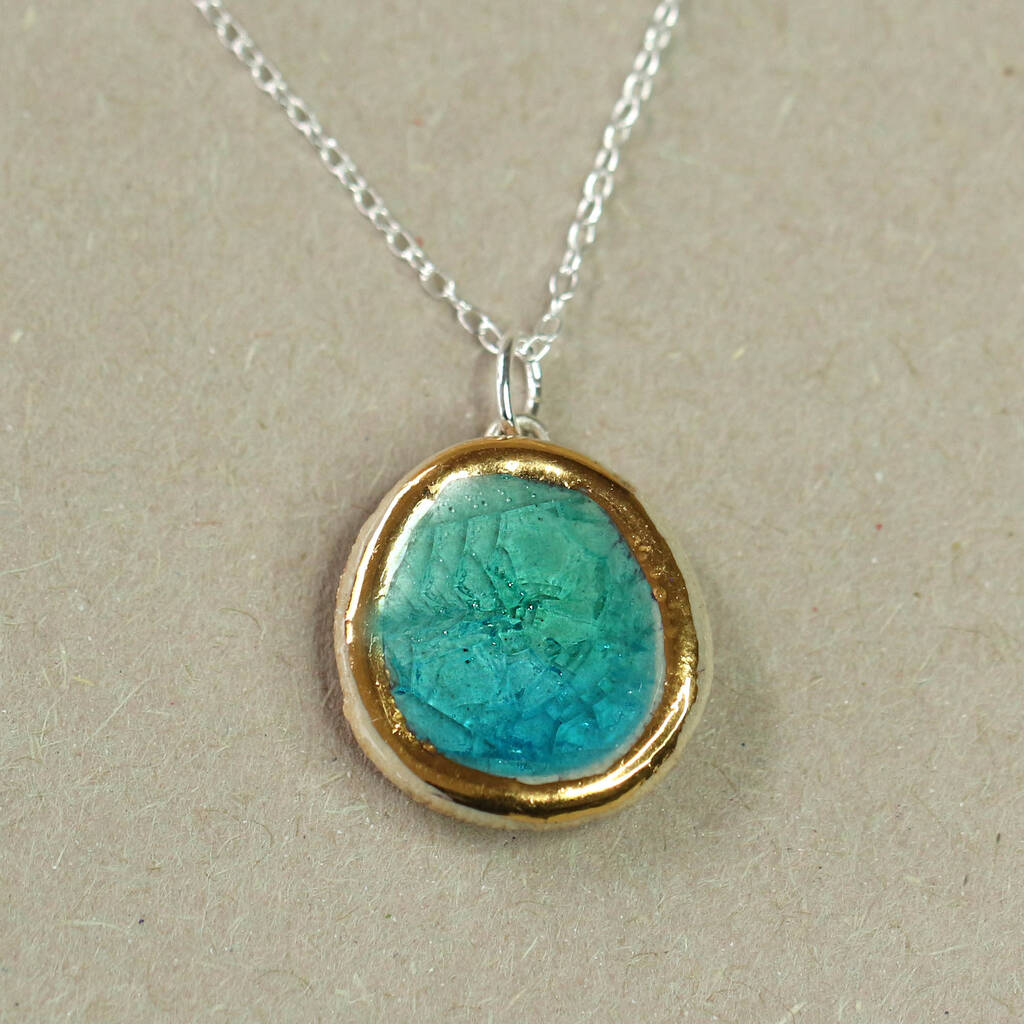 Emerald Turquoise Lagoon Oval Sterling Silver Pendant By Dartmoor Ceramics