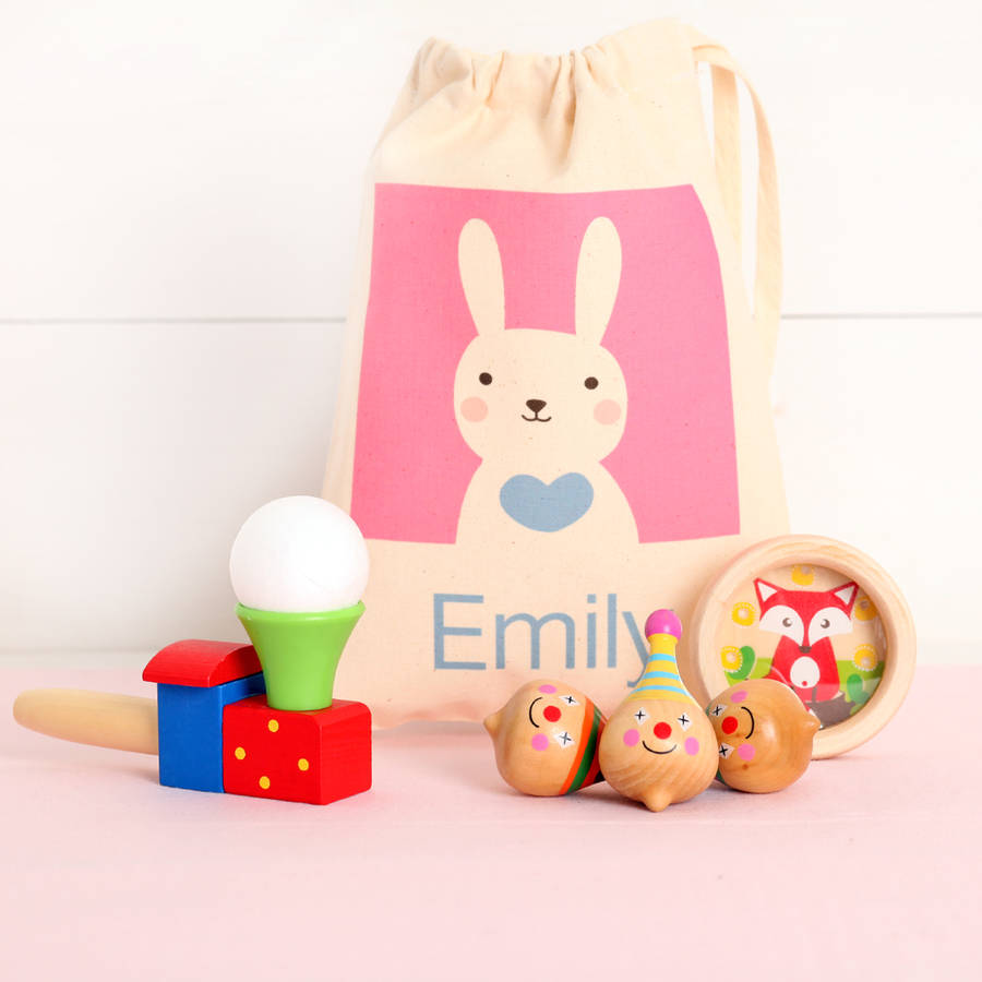 Image of Traditional Wooden Toy Set And Personalised Rabbit Bag