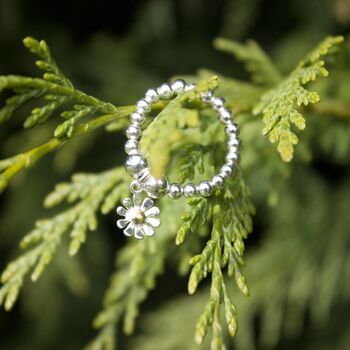 Sterling Silver Ball Bead Ring With Daisy Charm, 3 of 6