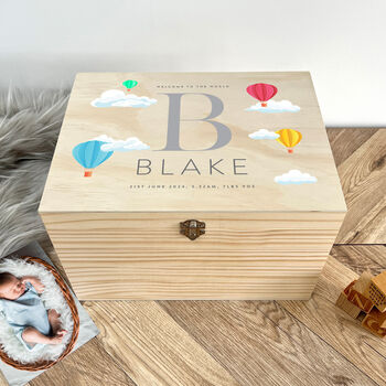 Personalised Hot Air Balloon New Baby Keepsake Box, 2 of 9