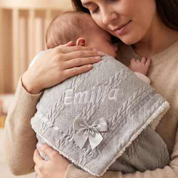 Personalised Grey Knitted Sherpa Baby Blanket With Bow, 2 of 10