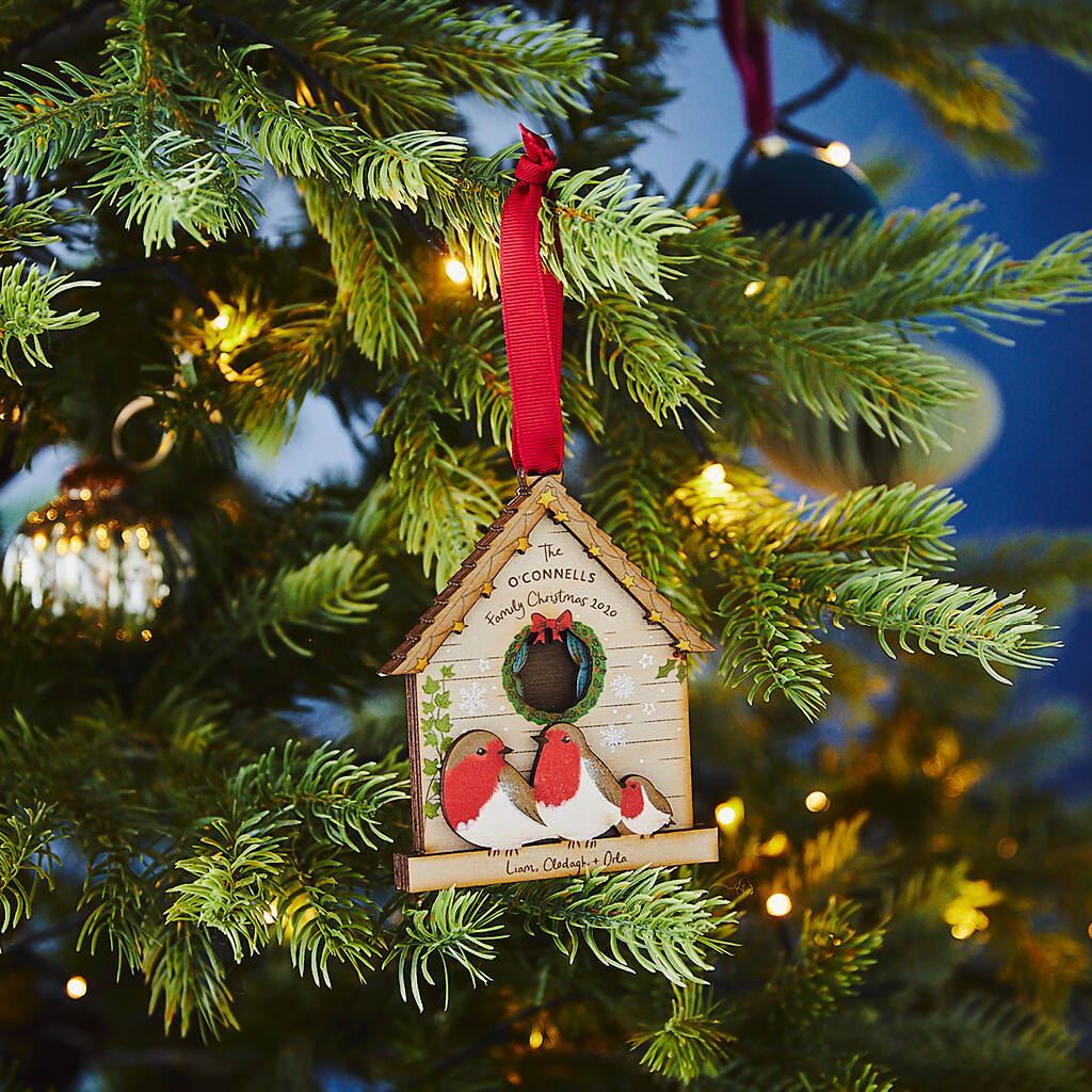 Family Bird House And Robins Christmas Decoration By No Ordinary Gift | notonthehighstreet.com