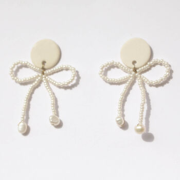 White Porcelain Earrings With Beaded Bow And Pearls, 2 of 3