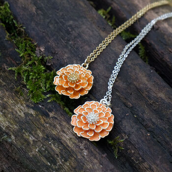 Marigold Orange Flower Pendant Necklace, Gold Tone, 3 of 5