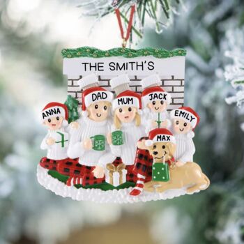 Personalised Fireplace Family With Dog Christmas Decoration, 2 of 3