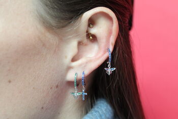 Camilla Silver Blue Cross Huggie Earrings, 2 of 2
