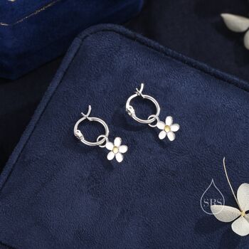 Sterling Silver Daisy Dangle Drop Huggie Hoop, 4 of 12