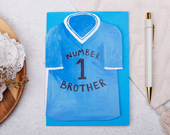 Football Number One Brother Birthday Card With Blue Or Red T Shirt Design, 5 of 8