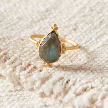 Grey Labradorite Pear Shaped Matt Gold Vermeil Ring, 7 of 8