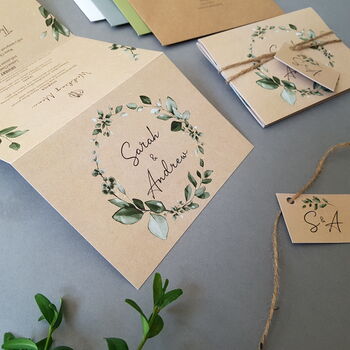 Kraft Eucalyptus Wreath Wedding Invitations Sample, 5 of 9