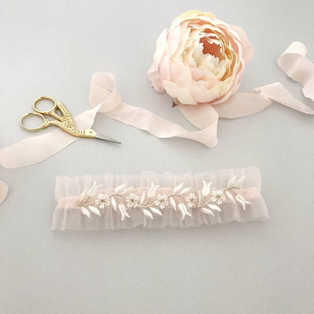 Blush Tulle Wedding Garter With Delicate Lace, 1 of 9