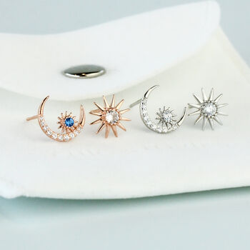 Sterling Silver Crystal Moon And Star Stud Earrings, 5 of 6