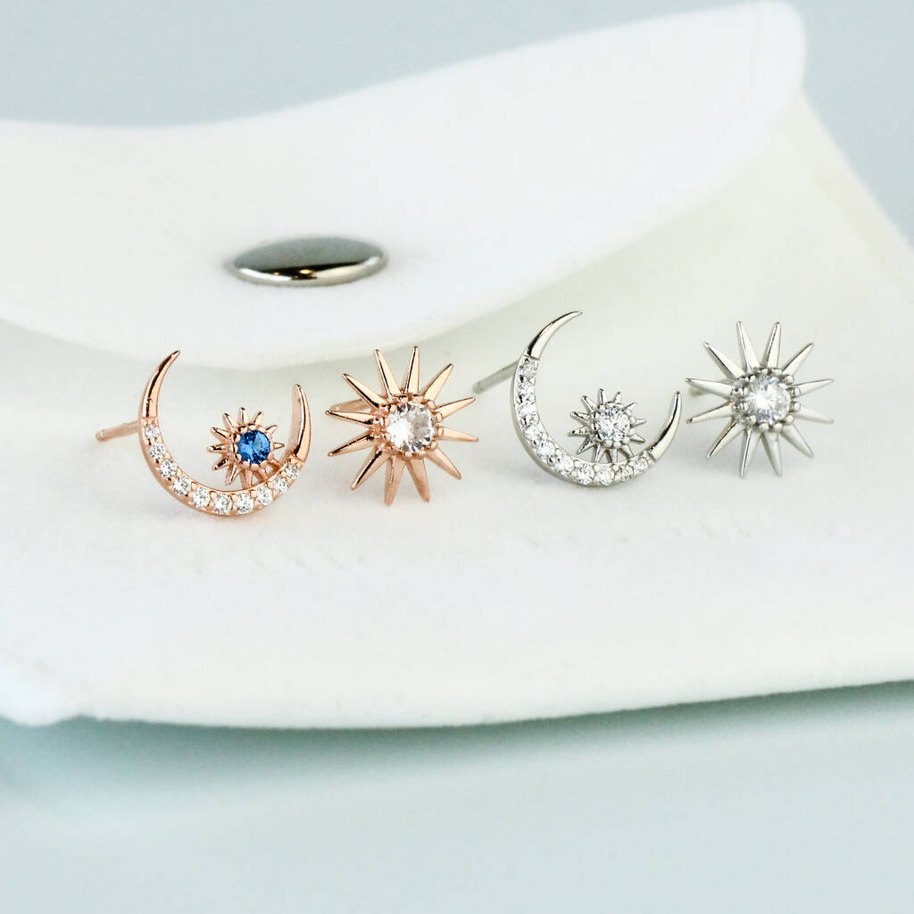 Sterling Silver Crystal Moon And Star Stud Earrings, 1 of 6