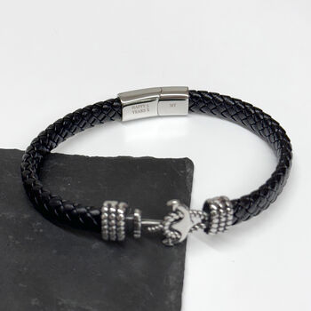 Personalised Men's Woven Leather Anchor Bracelet, 2 of 3