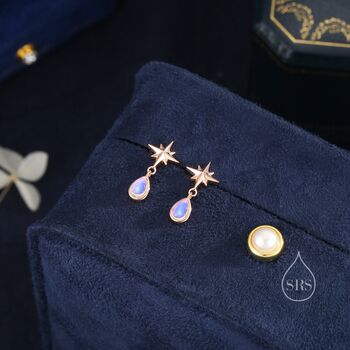 Sterling Silver Tiny Starburst And Dangle Moonstone Stud Earrings, 2 of 12