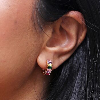 Pink And Green Baguette Crystal Huggie Hoop Earrings, 2 of 9