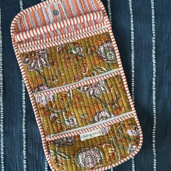 Quilted Block Print Toiletry Roll Up Pouch: Travel Kit, 5 of 11