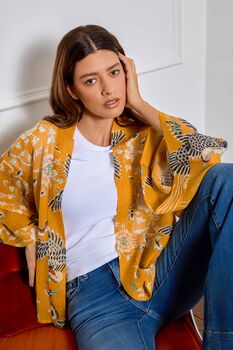 Mustard Dynastic Bird Print Light Weight Kimono, 5 of 7
