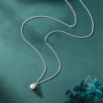Natural Droplet Pearl Necklace In Sterling Silver, 7 of 12