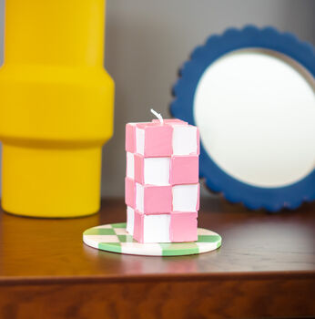 Chunky Pillar Candle In Pink Check, 3 of 5