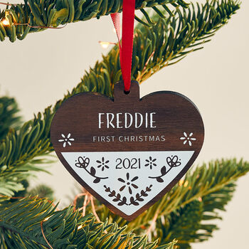 Personalised First Christmas Scandi Walnut Wood Bauble, 2 of 4