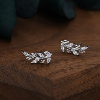 Sterling Silver Sparkly Leaf Cz Stud Earrings, 4 of 12